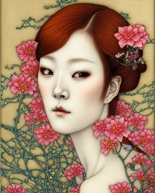 Image similar to beautiful and playful ethereal ginger portrait, art nouveau, fantasy, intricate japanese flower designs, elegant, highly detailed, sharp focus, art by chie yoshii