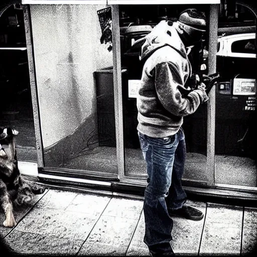 Image similar to “ man committing armed robbery from the perspective of the bodega cat ”