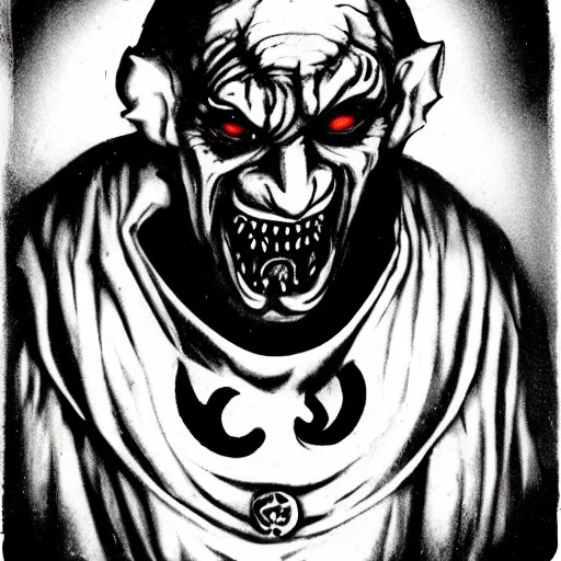 Image similar to vladimir putin demonic horror jester face on four legs, wearing teletubby costume, polaroid black and white picture, night, glowing eyes, creepypasta, in forest 1 9 th century, scary horrifying satanic rituals, hell gate warhammer 4 0 k style