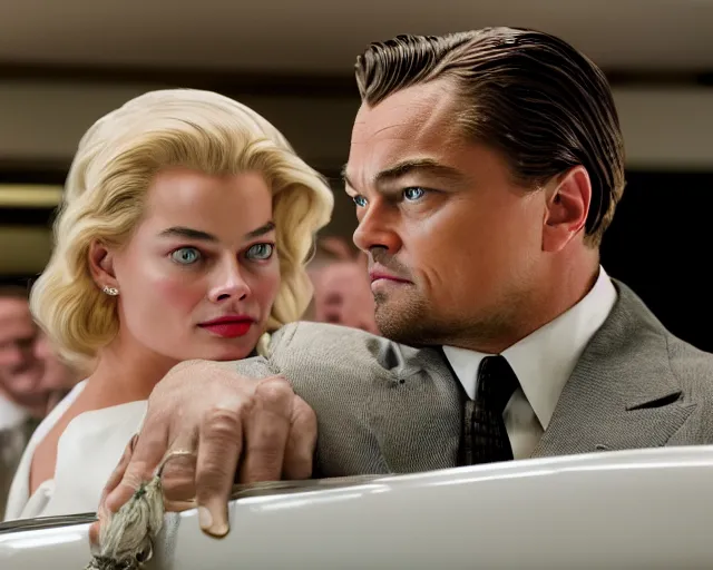 Image similar to leonardo dicaprio as the wolf of wall street next to margot robbie as naomi from the wolf of wall street, hyper realistic faces, beautiful eyes, cinematic, long shot, hyper detailed, 8 5 mm photograph, 8 k resolution, film still, sharp lens, wide lens