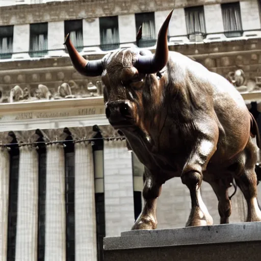 Prompt: close up photo of The Wall street bull shocked about the stock market crash, highly detailed