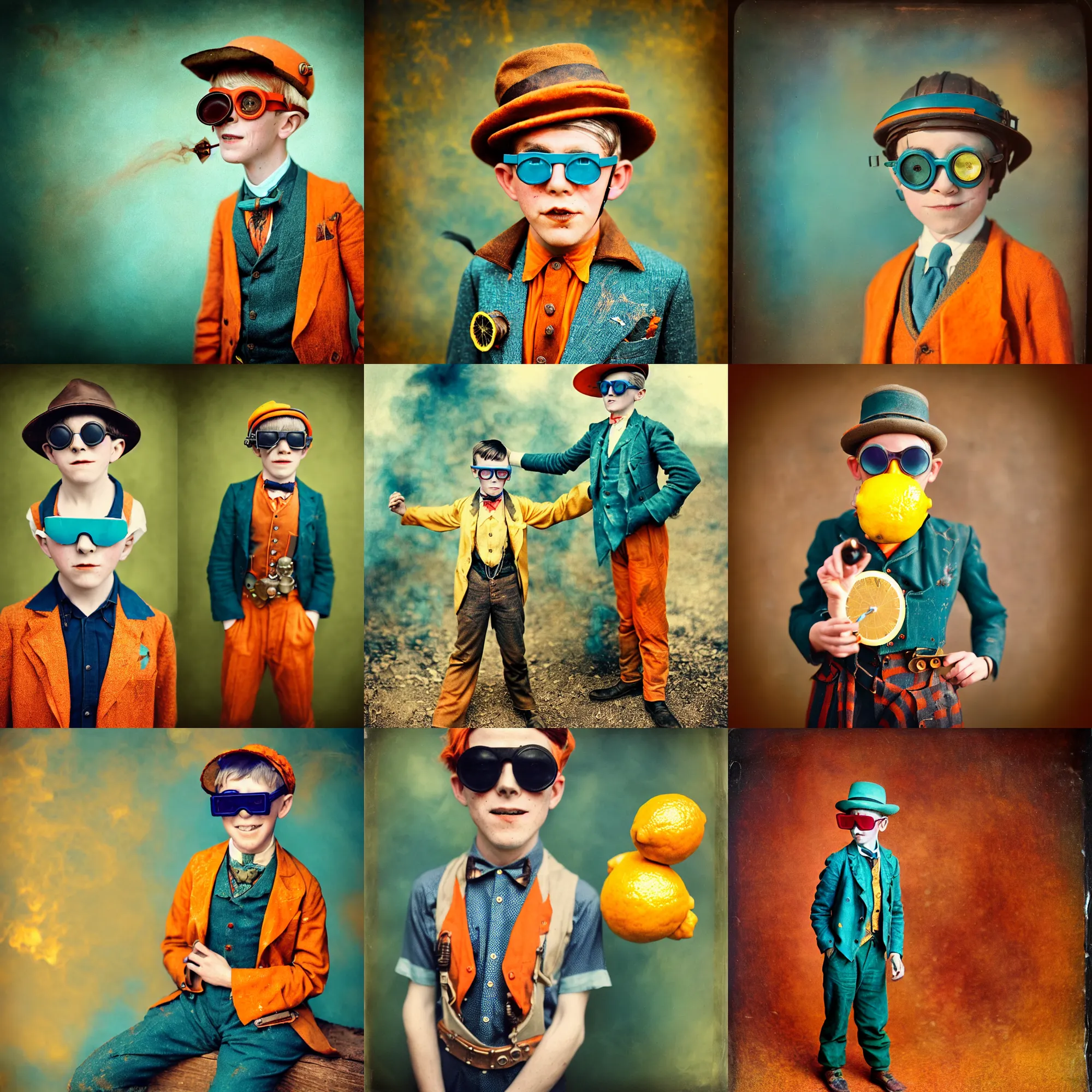 Prompt: kodak portra 4 0 0, wetplate, motion blur, portrait photo of 8 year old steampunk boy in 1 9 2 0 s in hell fire, wearing a lemon, 1 9 2 0 s cloth, 1 9 2 0 s hair, coloured in teal and orange, muted colours, funny sunglasses, by britt marling, sparkle storm