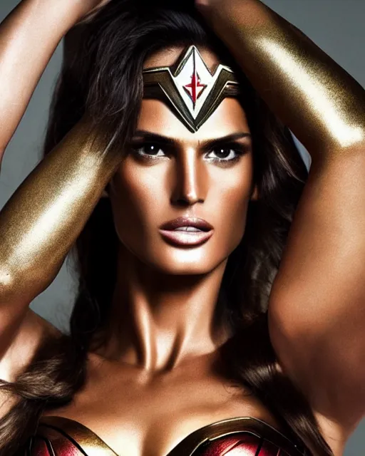 Image similar to photoshoot of model izabel goulart as wonder woman, hyperreal, studio lighting, photography in the style of mario testino