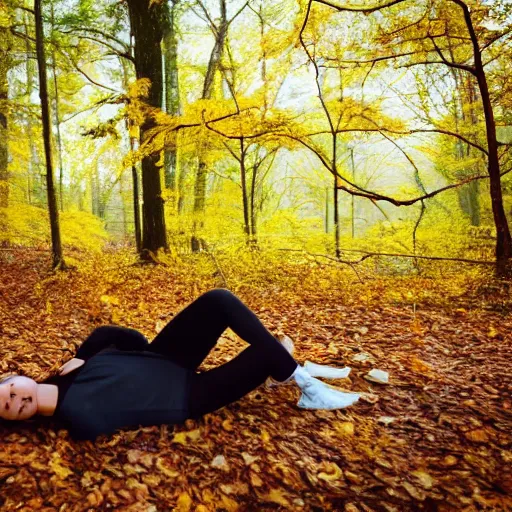 Prompt: !dream ”female laying down in forest covered by dark colored leaves and twigs wearing yellow velor sweat suit