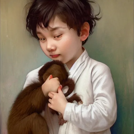 Image similar to young boy wearing white fabric pajama with cartoon paintings on it hugging a small monkey in his hands. highly detailed, digital painting, artstation, concept art, smooth and sharp focus, cg by tian zi and wlop and alphonse mucha