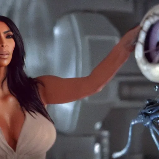 Image similar to film still of kim kardashian in the movie Alien, alien spider mounted to her face as she tries to resist, spider webbed body, scary cinematic wide shot, full body pov, 4k.