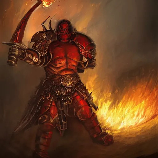 Prompt: champion of khorne in heavy armor holding a flaming sword, artstation hall of fame gallery, editors choice, #1 digital painting of all time, most beautiful image ever created, emotionally evocative, greatest art ever made, lifetime achievement magnum opus masterpiece, the most amazing breathtaking image with the deepest message ever painted, a thing of beauty beyond imagination or words