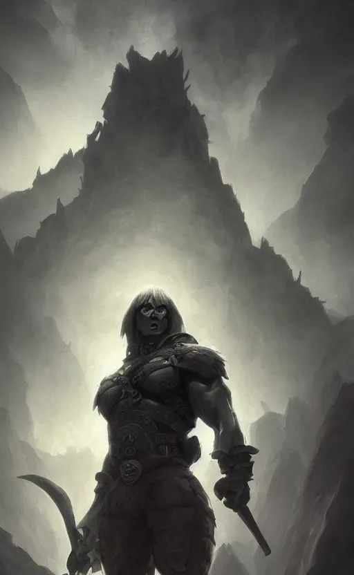 Prompt: Full body centered uncut character pose of mysterious-eerie-ominous He-Man, dark grey shadowy smokey background, atmospheric, cinematic, Epic, ultra-detailed, sharp focus, illustration, artwork by Jordan Grimmer and Greg Rutkowski