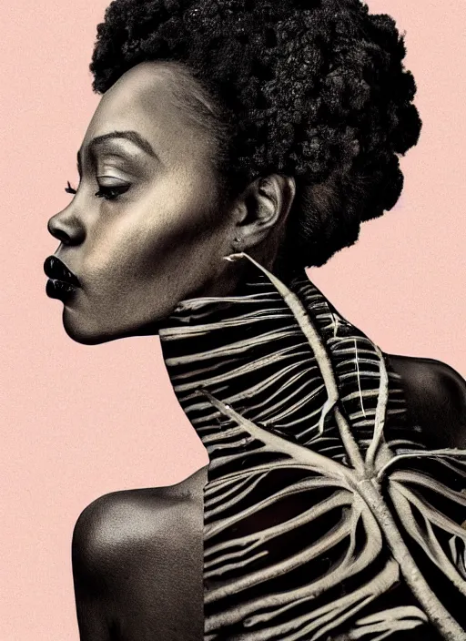 Image similar to a beautiful black womans face, made in profile of flower and leaf skeleton, in the style of dutch masters and gregory crewdson, dark and moody,