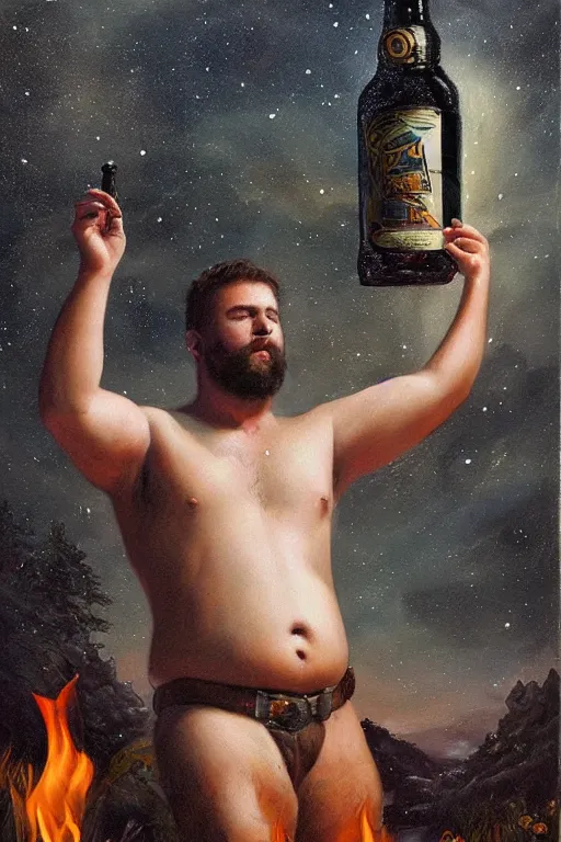 Prompt: a dramatic, epic, ethereal painting of a handsome thicc shirtless cowboy with a beer belly wearing a large belt | background is a late night campfire with food and jugs of whisky | homoerotic | fire, flames, stars, tarot card, art deco, art nouveau | by Mark Maggiori | trending on artstation