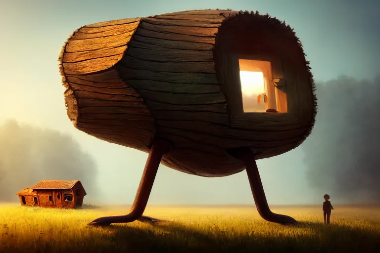 Image similar to a walking wood house with two mechanical legs, rust, hyperrealistic, highly detailed, cinematic, single ray of sun, fog, beautiful, cgssociety, artstation, 8 k, oil painting