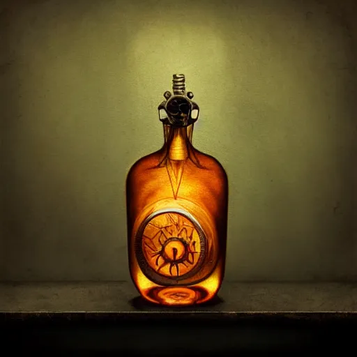 Prompt: a steampunk painting of a vintage orange / yellow poision potion bottle, lit by a single ray of sunlight in a dark dusty vintage science lab, by h. r. giger, hyperrealistic fantasy art, concept matte, ethereal, dreamy, digital art, trending on artstation, volumetric cinematic lighting