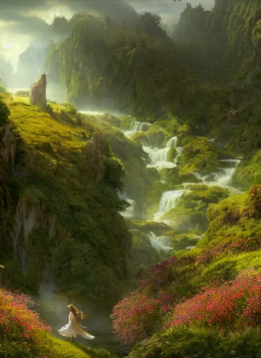 Prompt: in the distance an elegant fairy with wings of lace in a lord of the rings scenery landscape, a vast lush valley flowers and wood structures, stream, sunrise, god's rays highly detailed, vivid color, cinematic lighting, perfect composition, 8 k, gustave dore, derek zabrocki, greg rutkowski, belsinski, octane render