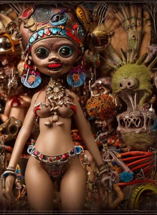 Image similar to highly detailed closeup, portrait of a tin toy voodoo priestess bikini, unreal engine, nicoletta ceccoli, mark ryden, earl norem, lostfish, global illumination, detailed and intricate environment