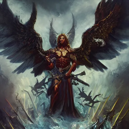 Prompt: archangel michael surrounded by demons, artstation, high definition