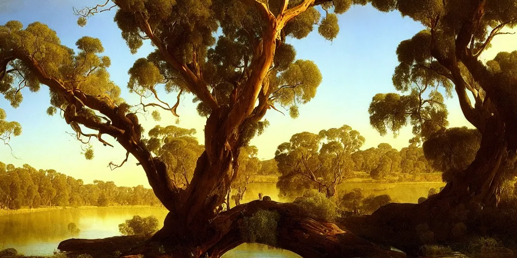 Image similar to painting of a old bluegum tree next to a meandering river by alexei savrasov and thomas cole, artstation