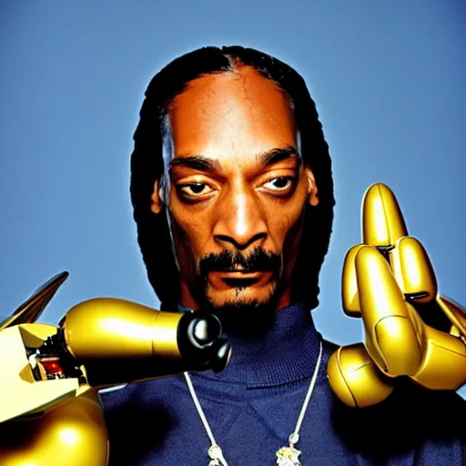 Prompt: Snoop Dogg holding two futuristic robots for a 1990s sitcom tv show, Studio Photograph, portrait, C 12.0