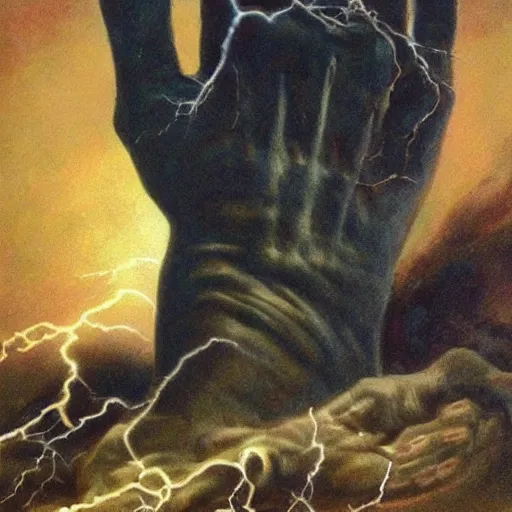 Prompt: ultra realistic portrait painting of a hand coming out of a grave, art by frank frazetta, vintage levi ’ s ad, stormy weather, dark vibes, 4 k, ultra realistic, highly detailed, epic lighting