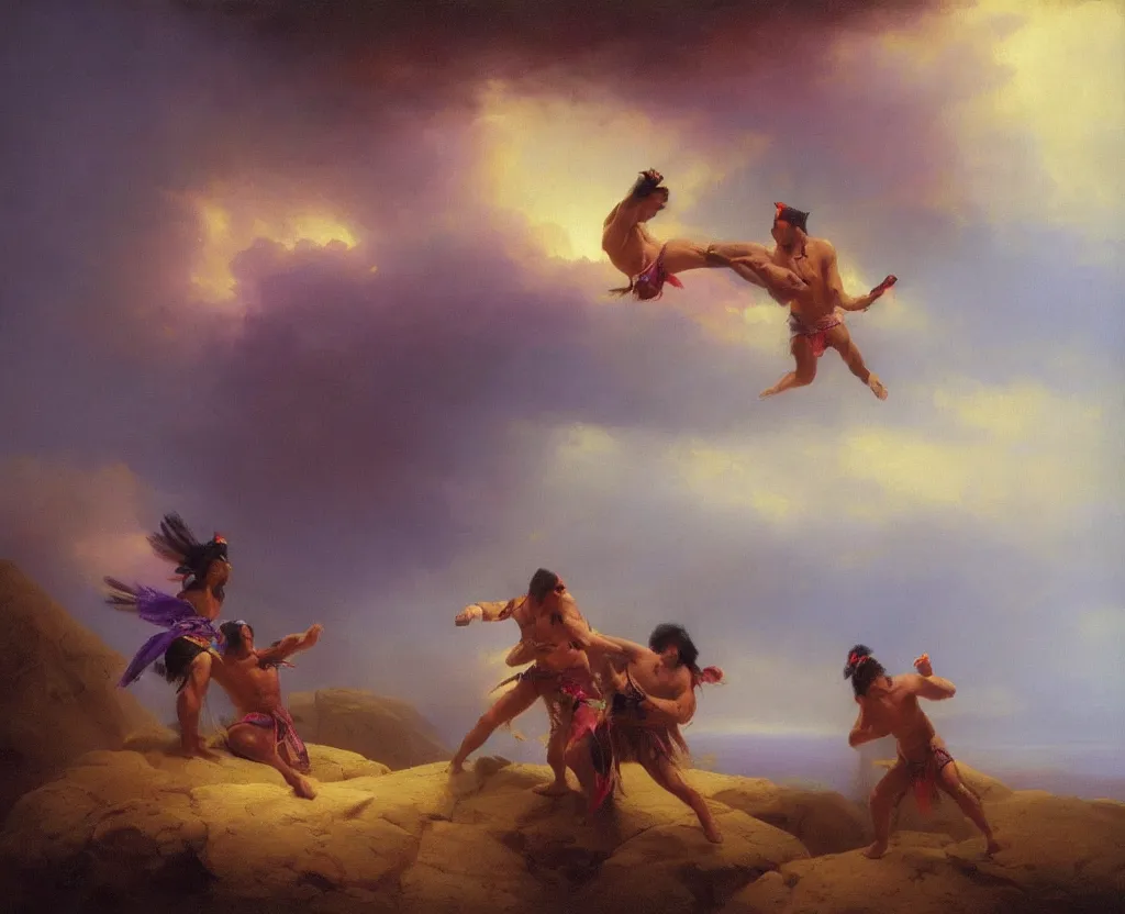 Prompt: two handsome american indians in loincloths, wrestling against a royal purple backdrop by ivan aivazovsky, oil painting, beautiful soft lighting, saturated colours, artstation