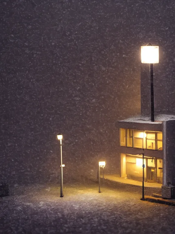 Prompt: detailed miniature diorama a soviet residential building, brutalism architecture, lights are on in the windows, old soviet parking nearby, sad man in winter jacket passing by, dark night, cozy and peaceful atmosphere, fog, cold winter, blizzard, streetlamps with orange light, several birches nearby