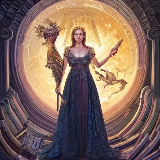 Image similar to a portrait of a older anya taylor - joy as the goddess minerva surrounded by stacks of books, bioluminescent gown with deep level of detail of esoteric symbols, urban motifs, intricate, elegant, highly detailed, digital painting, trending on artstation, concept art, smooth sharp focus, illustration, art by artgerm and greg rutkowski