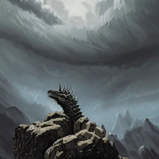 Image similar to grey dragon close up by greg rutkowski, drark, marvel comics, dark, plutus su and chris scalf and lucas graciano and billy christian, symmetrical, mountains, grey and gold color palette, painting, d & d, fantasy, detailed, realistic, complimentary colors, light, artstation, cinematic, dramatic lighting, close up, storm clouds, hudson river school