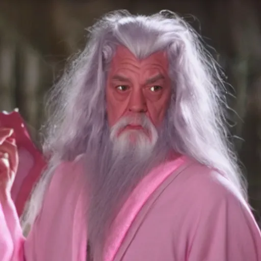 Image similar to gandalf wearing a light pink robe, wearing a large hello kitty hair clip, movie still from the lord of the rings