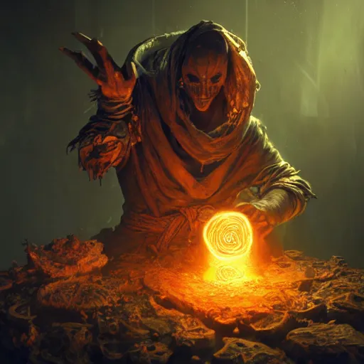 Prompt: A necromancer pulsing with necrotic energy, Art by Justin Gerard, power auras, sigils, tattered cloth robes, substance 3d painter, PBR textures, Physical based rendering, cinematic, hyper realism, high detail, octane render, unreal engine, 8k, Vibrant colors, Smooth gradients, High contrast, depth of field, aperture f2.8