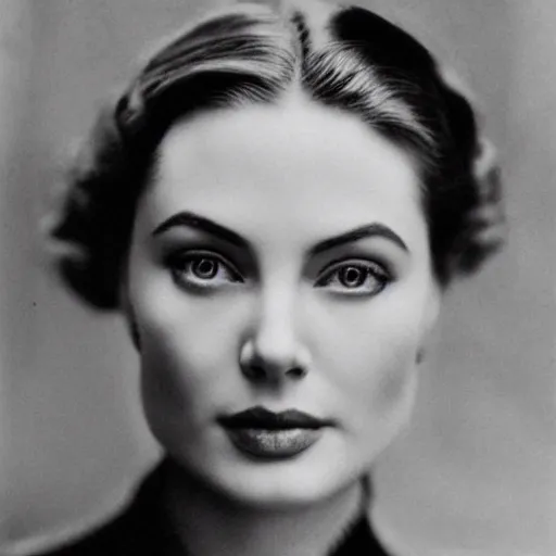 Image similar to victorian photograph of grace kelly, angelina jolie, 1 8 9 0 s photography, 1 9 0 0, realistic face, symmetrical face, detailed, grainy, edwardian, old photo