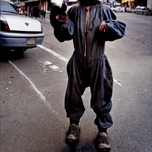 Prompt: uhd candid photo of dirty, homeless shie lebeouf wearing bizarre codpiece, ranting in a gimpsuit in the street. skid row. correct face, accurate face, exaggerated features, intricate details, intricate gimpsuit, hyperdetailed, accurate face. photorealistic. photo by annie leibowitz