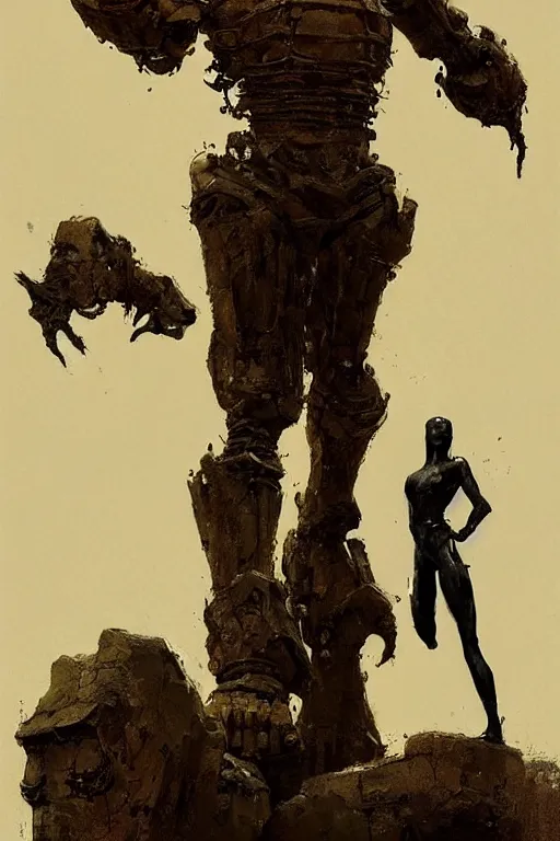 Prompt: looking up at a bronze golem, intricate, elegant, highly detailed, john park, frazetta, sparth, ruan jia, jeffrey catherine jones