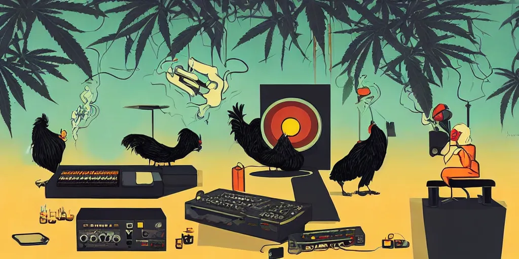 Image similar to 'black chicken'!!! smoking 'cannabis'!!!!!! in front of 'audio console'!!!! and 'multi monitors'!!!! 'in a hi-tech tv broadcasting studio'!!!!, artwork by James Gilleard