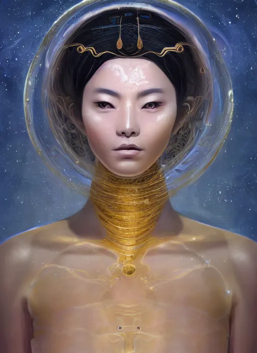 Prompt: portrait of beautiful celestial female Japanese Goddess exposed in cryo chambers wearing gold luxurious interstellar suit, rule of thirds, captivating, fair complexion, coherent face symmetry, face anatomy, relaxing at the rocks formed by water erosion, walls made of beautiful smooth sandstone light beams that shine, polish narrow slots of walls into a striated swirling finish, digital painting, concept art, smooth, sharp focus, Antelope Canyon, from Star Trek 2021, illustration, by WLOP and Ruan Jia and Mandy Jurgens and William-Adolphe Bouguereau, Artgerm