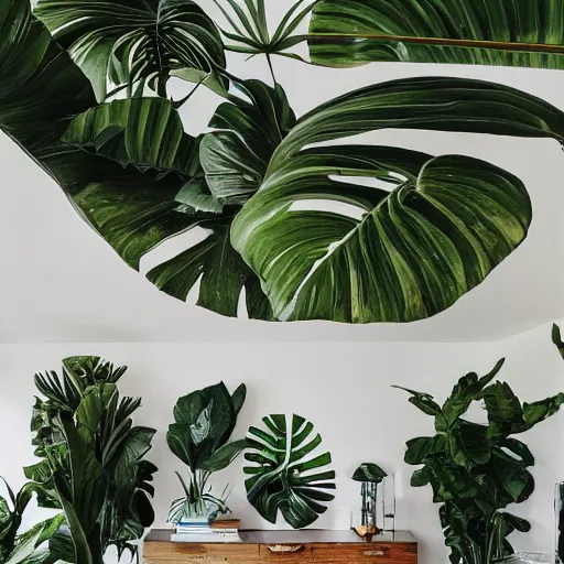 Prompt: a large room covered with tropical plants and speakers, minimal style