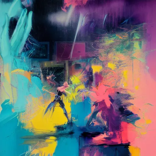 Prompt: portrait of sexy people dancing, ecstatic, intense, techno party, pastel pink, and blue, and yellow colors, utopia, moody, by by greg rutkowski, by jeremy mann, by francoise nielly