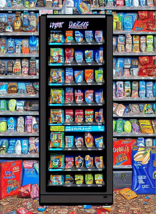 Image similar to hyper detailed digital painting of a cyberpunk vending machine, danguiz