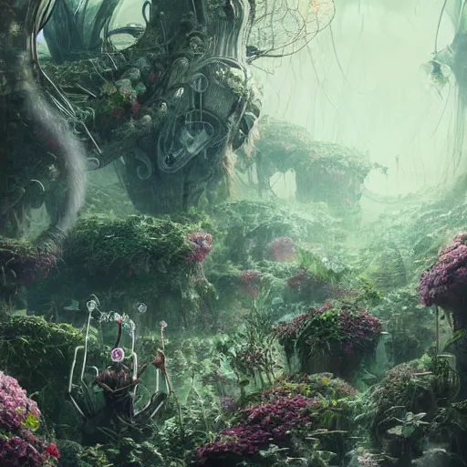 Image similar to intricate bio - mechanical flowers intertwined with human bio - mechanical organs, intricate environment, matte painting, cinematic, epic composition, highly detailed, atmospheric, wide angle, artstation trending