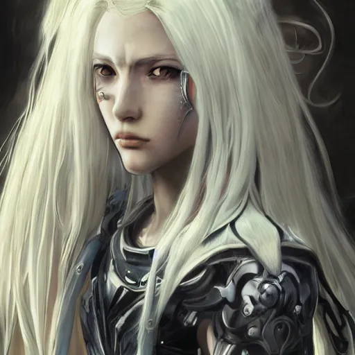 Image similar to realistic full body character design character design of an anime girl with long white hair wearing Elden Ring armor with engraving in the style of Yoji Shinkawa, noisy film grain effect, highly detailed, Renaissance oil painting, weird portrait angle, blurred lost edges, three quarter view