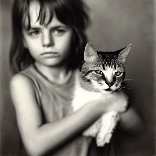 Prompt: a beautiful boy holding a cat, by sally mann