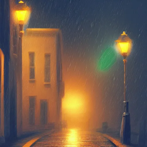 Image similar to a cute orange tabby cat with green eyes on an old street, it is night and raining, street lamps are illuminating the street, moody lighting, peaceful atmosphere, digital art, highly detailed, high contrast, beautiful lighting, award winning, trending on art station, 8 k,