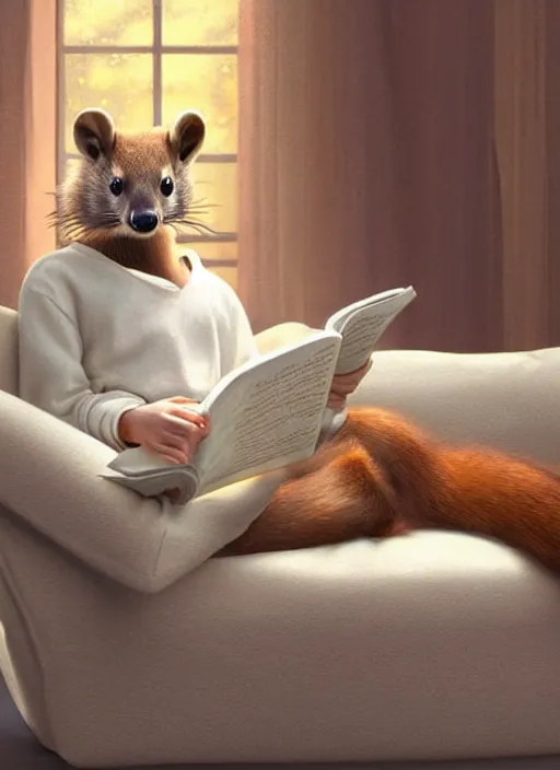 Image similar to A beautiful scene featuring a humanoid pine marten in loose white clothing reading on a couch. Golden hour. Hyperrealistic. Trending on CGSociety.