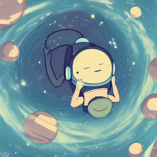 Image similar to relaxing in space in the style of lo-fi girl, anime, adventure time,