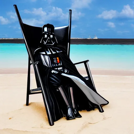 Prompt: Darth Vader sitting on a deckchair, chilling on a sandy beach