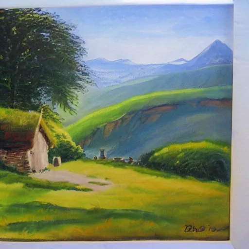 Prompt: landscape painting of bag - end, tolkein, painting by bob ross