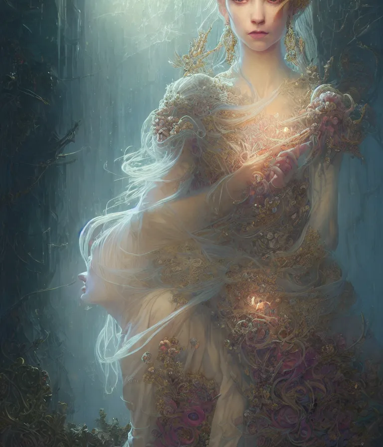 Image similar to highly detailed portrait of beautiful ethereal woman in ornate clothing, stephen bliss, unreal engine, fantasy art by greg rutkowski, loish, rhads, ferdinand knab, makoto shinkai and lois van baarle, ilya kuvshinov, rossdraws, tom bagshaw, global illumination, radiant light, detailed and intricate environment