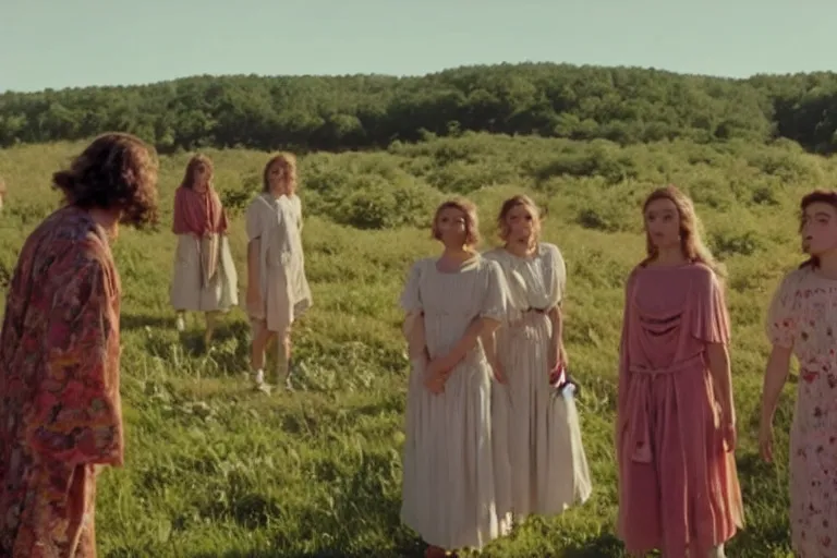 Image similar to vhs 1 9 8 0 s cinema footage of a scene from the movie midsommar directed by ari aster, film grain