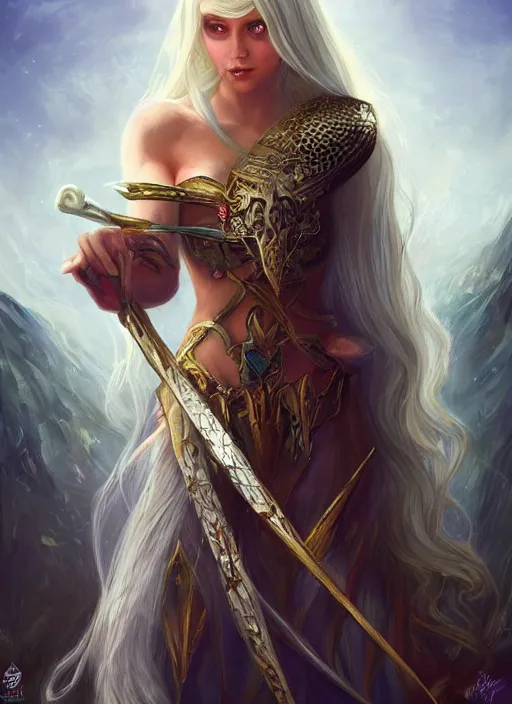 Prompt: Elf queen with long white hair, fantasy, medieval, vivid colors, fantasy, elegant, concept art, sharp focus, beautiful face!!, digital art, Hyper-realistic, 4K, Unreal Engine, Highly Detailed, HD, Dramatic Lighting by Brom, trending on Artstation