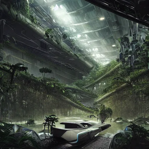 Prompt: epic alien jungle by greg rutkowski inside a giant laboratory by zaha hadid