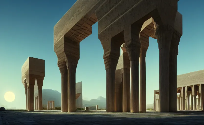 Image similar to exterior shot of utopian ancient persian architecture with cinematic lighting by zaha hadid peter zumthor and renzo piano, darek zabrocki and greg ruthkowski, simon stalenhag, cinematic, holy place, paradise, scifi, futurism, atmospheric, concept art, artstation, trending on artstation