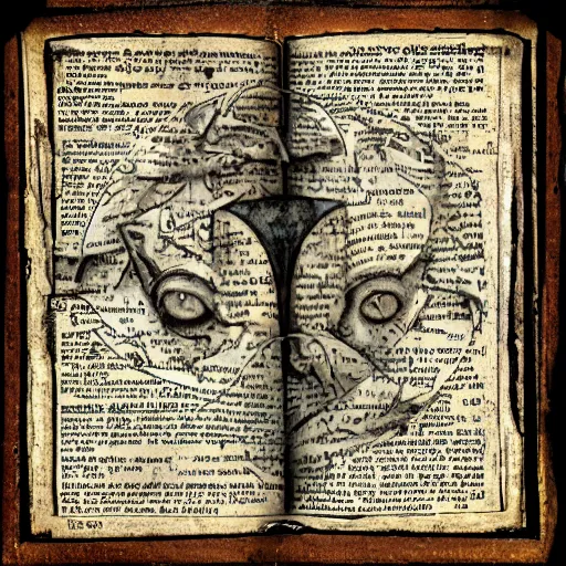 Image similar to depiction of artificial intelligence in grimoire, neural networks, vintage look, weathered pages, spells, demons, high detail,